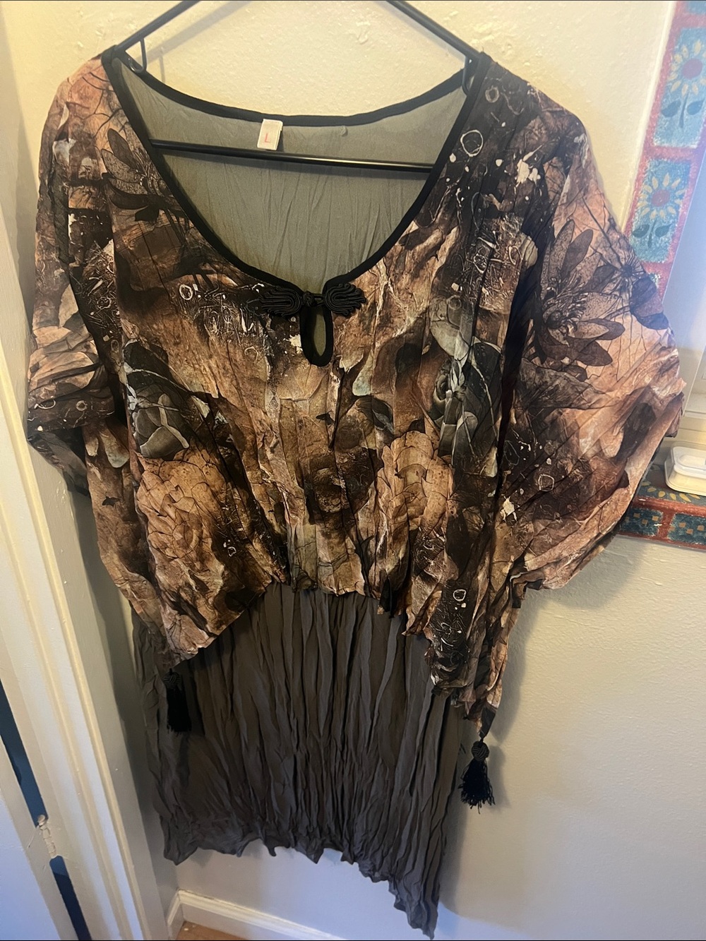 Boho Floral Tie-Front Tunic Dress in Brown & Black